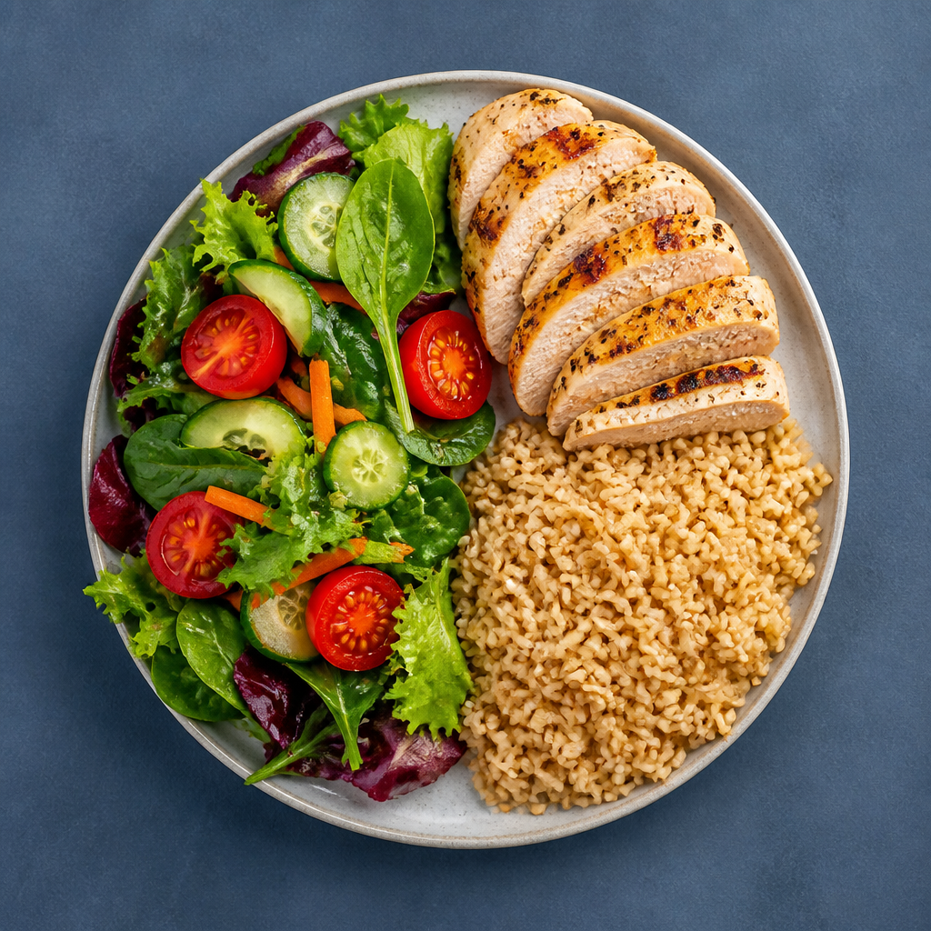 Assiette équilibrée vue du dessus pour le déjeuner au bureau : légumes, protéines, céréales complètes