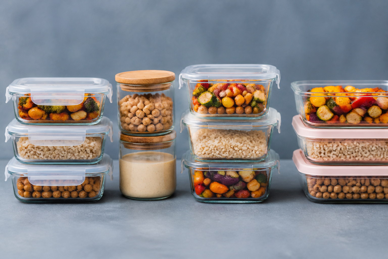 Meal prep bureau : tupperware et contenants hermétiques avec légumes rôtis, pois chiches et céréales complètes