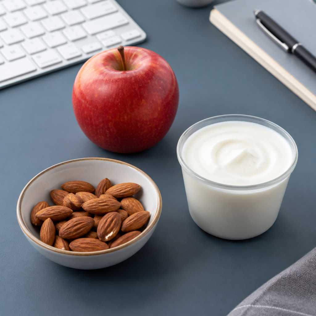 Collations saines au bureau : pomme rouge, amandes et yaourt nature sur un bureau