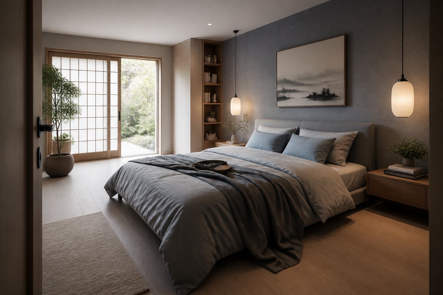 Chambre feng shui orientée avec lit contre un mur solide