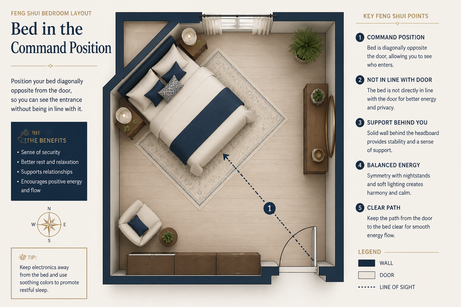 Schéma vue aérienne position dominante du lit en feng shui