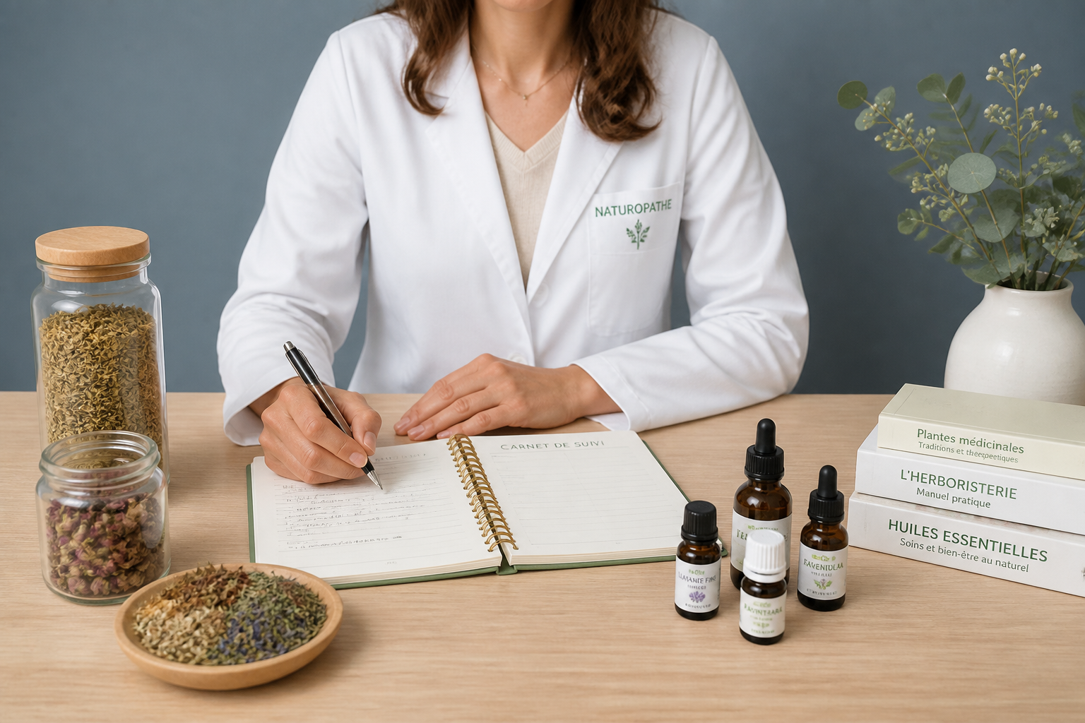 Naturopathe prenant des notes entourée de plantes séchées et huiles essentielles lors d'un bilan de vitalité