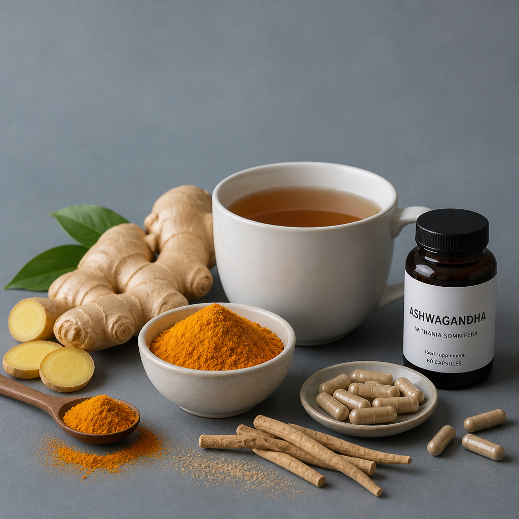 Plantes médicinales utilisées en naturopathie : gingembre, curcuma, ashwagandha et tisane