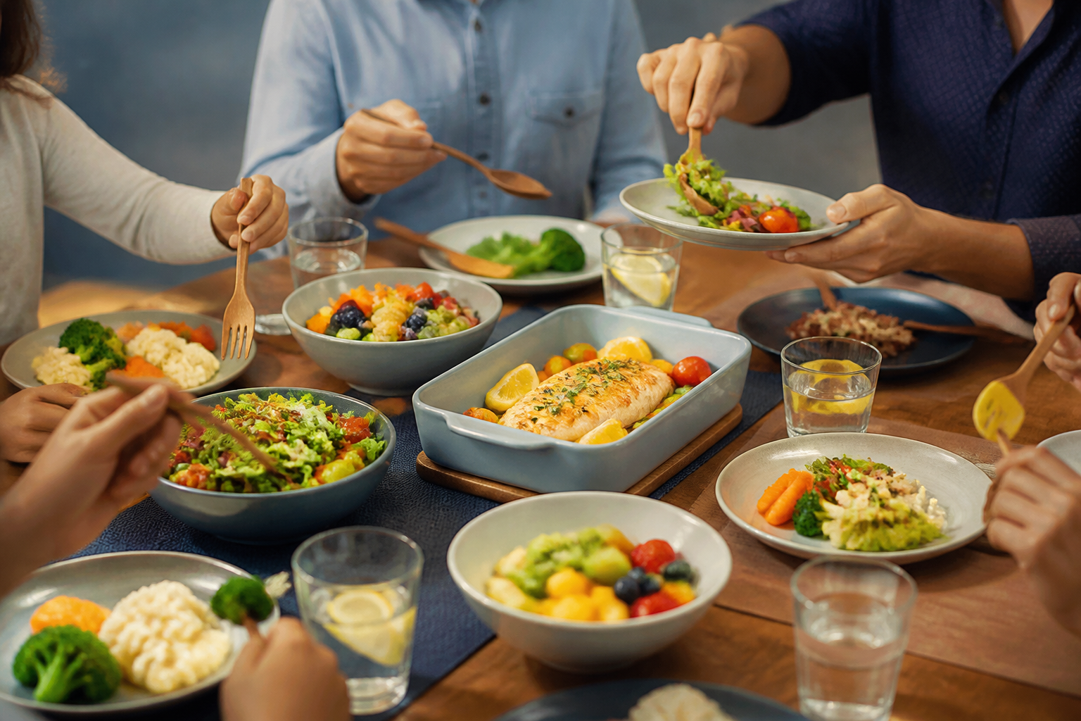 Repas équilibré partagé en famille avec plusieurs plats colorés