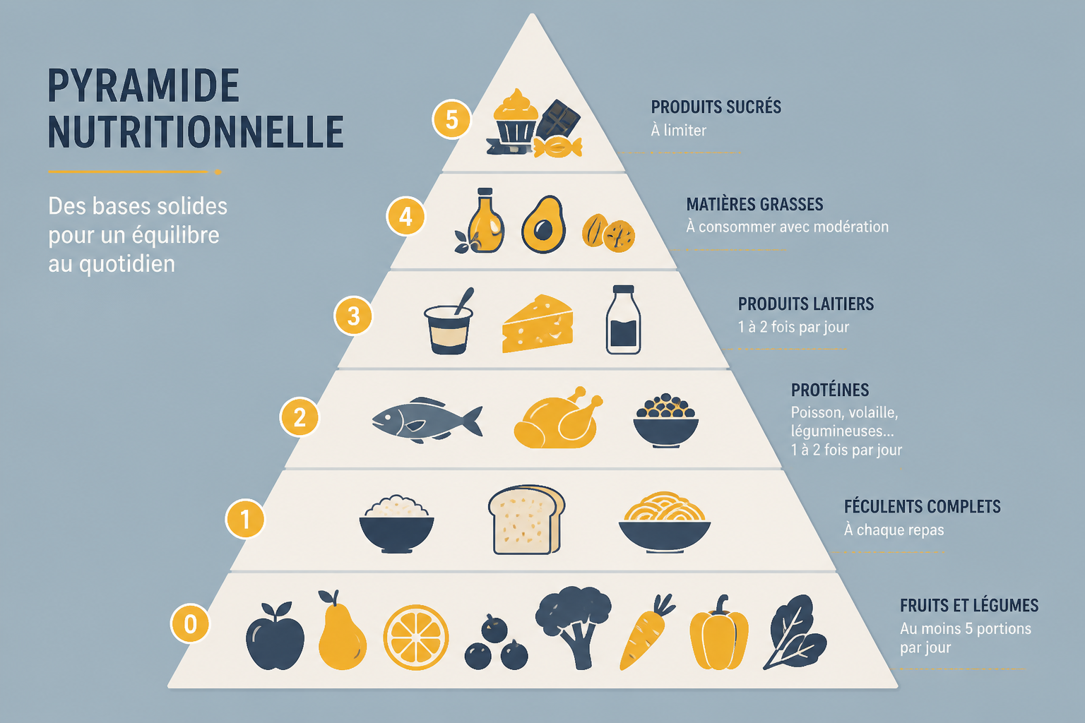 Pyramide nutritionnelle simplifiée avec fruits et légumes en base, sucres au sommet