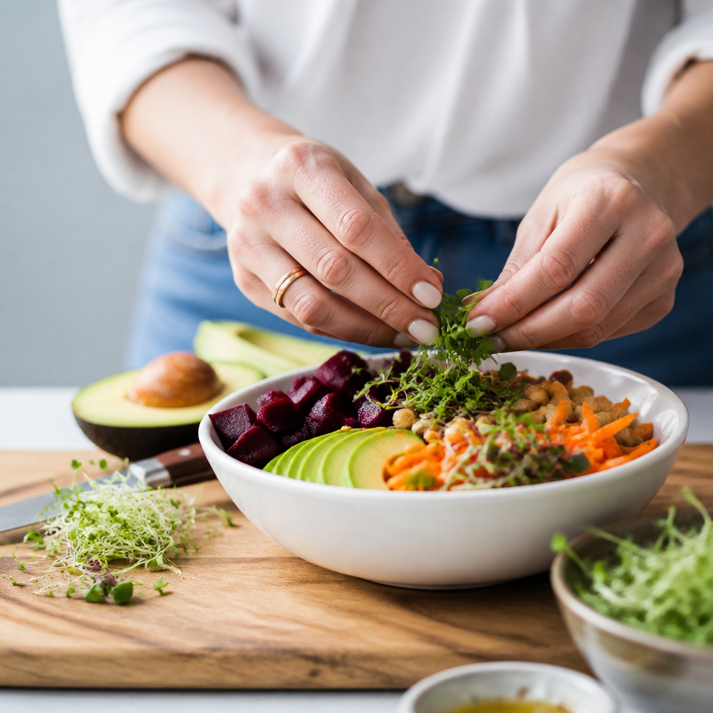 Préparation d'un buddha bowl avec légumes frais sur plan de travail