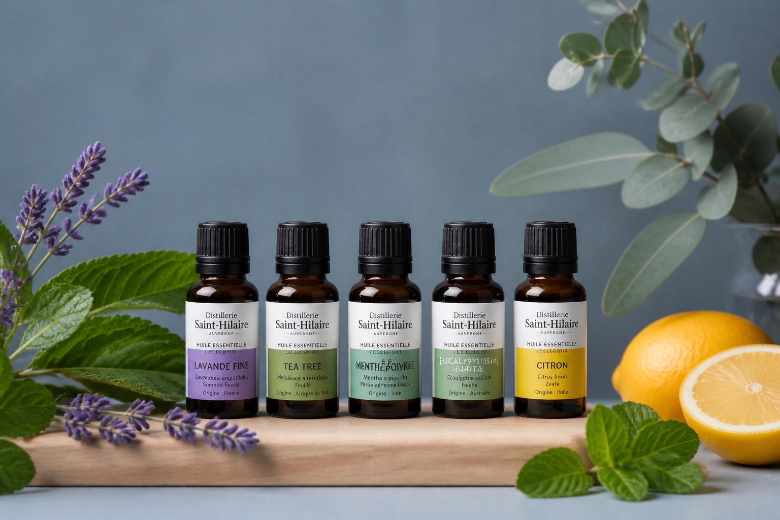 Cinq flacons d'huiles essentielles lavande tea tree menthe poivrée eucalyptus citron sur bois