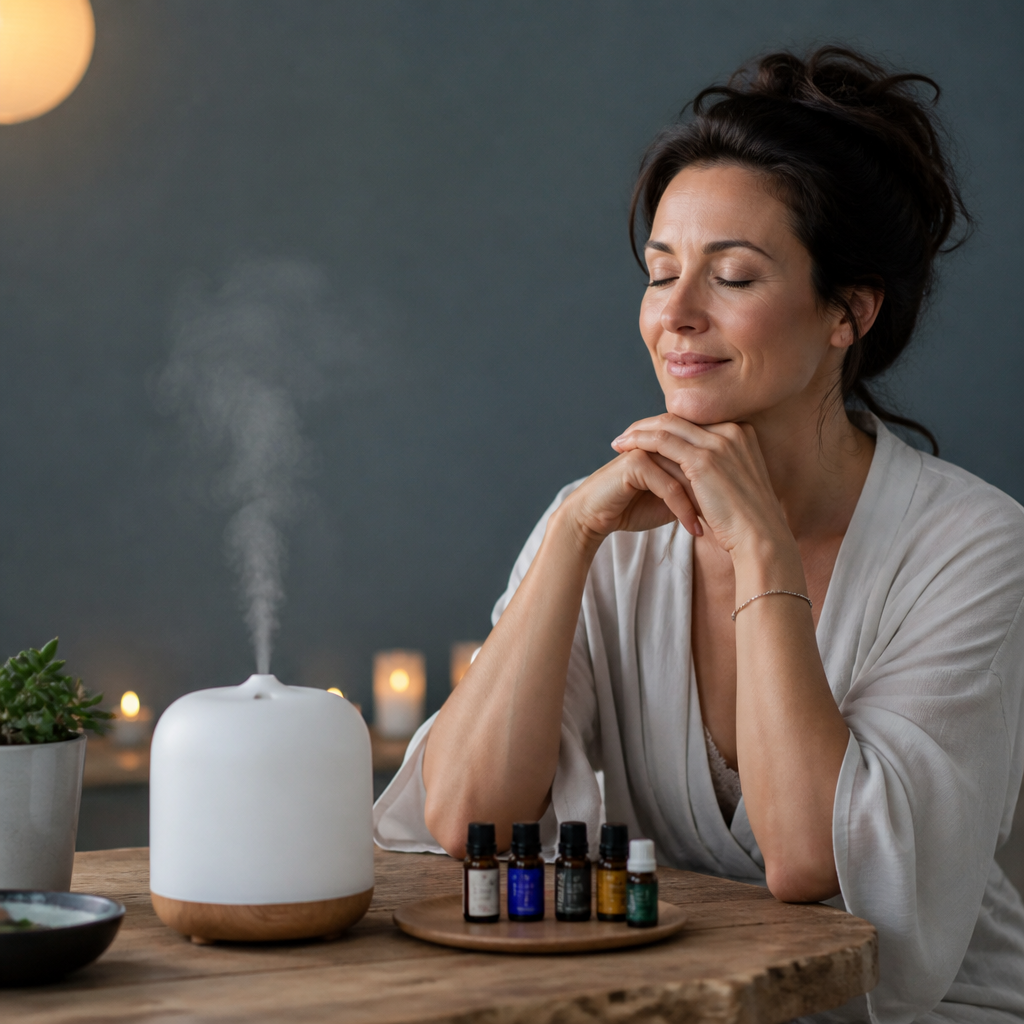Femme utilisant un diffuseur d'huiles essentielles pour la diffusion atmosphérique aromathérapie