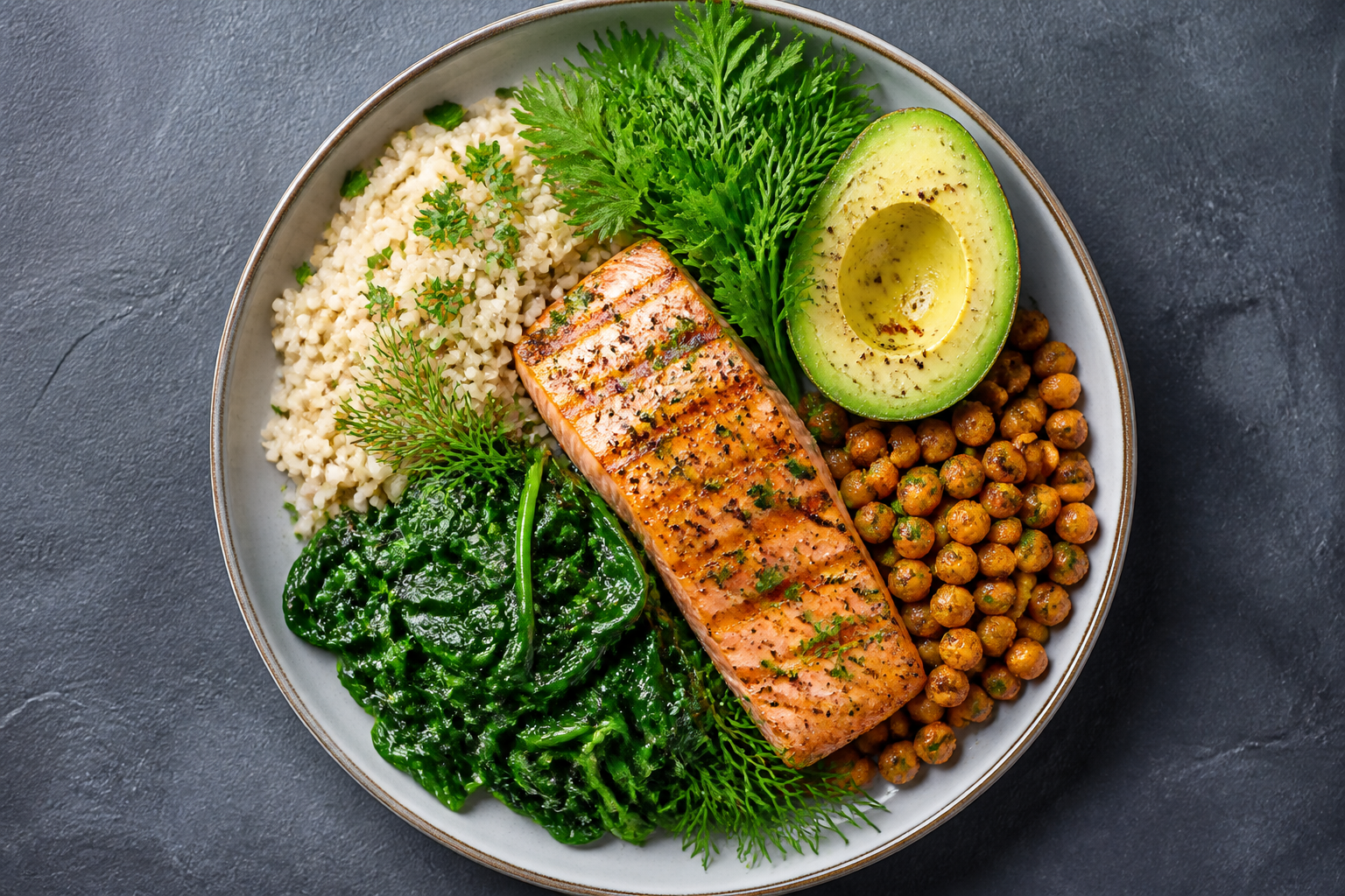 Assiette anti-inflammatoire type vue de dessus saumon riz complet épinards pois chiches et avocat