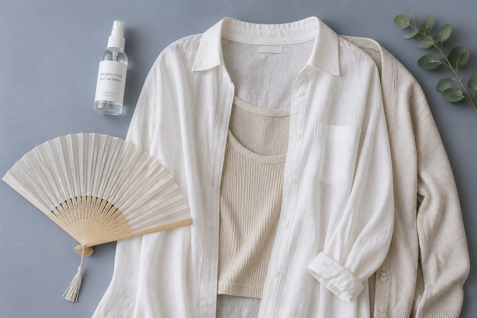 Vêtements en couches en lin et coton, brumisateur et éventail pour gérer les bouffées