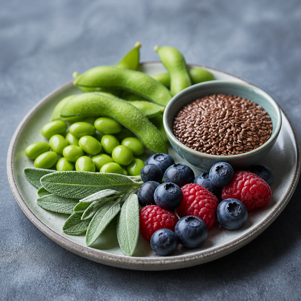 Aliments riches en phyto-œstrogènes : graines de lin, edamame, sauge, baies