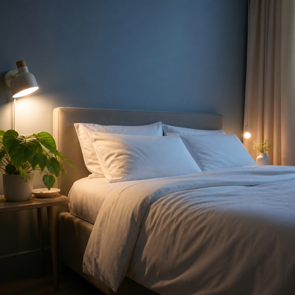 Femme enceinte en position détendue pour le sommeil, chambre sobre