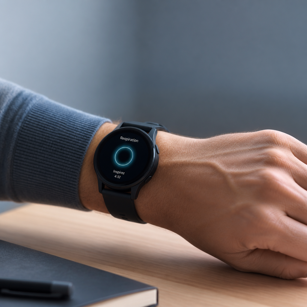 Montre connectée affichant un guide de cohérence cardiaque au poignet