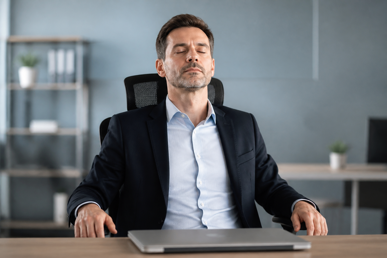 Cadre en respiration consciente assis dans son fauteuil de bureau