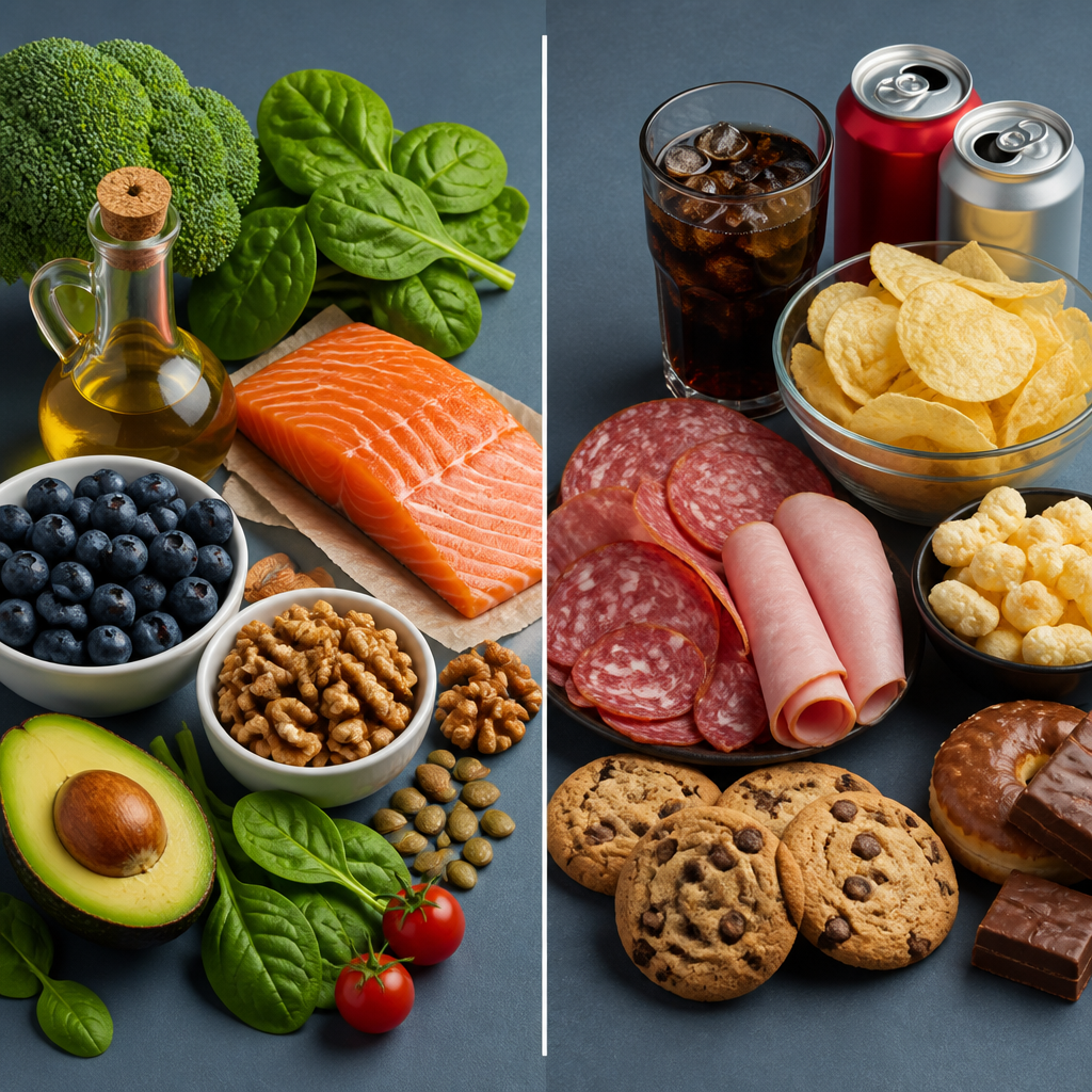 Comparatif aliments anti-inflammatoires versus pro-inflammatoires aliments frais à gauche ultra-transformés à droite