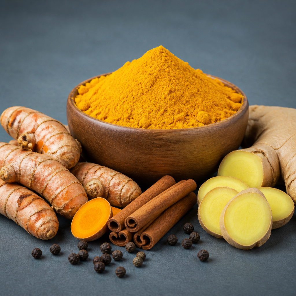 Curcuma en poudre gingembre frais et épices anti-inflammatoires dans bol en bois