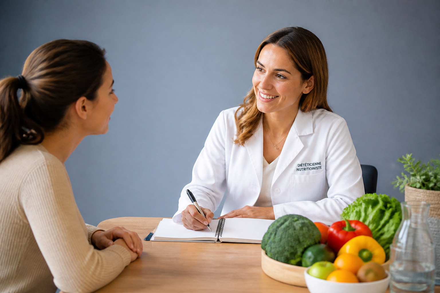 Diététicienne-nutritionniste en consultation avec une patiente sur l'alimentation anti-inflammatoire et le suivi nutritionnel