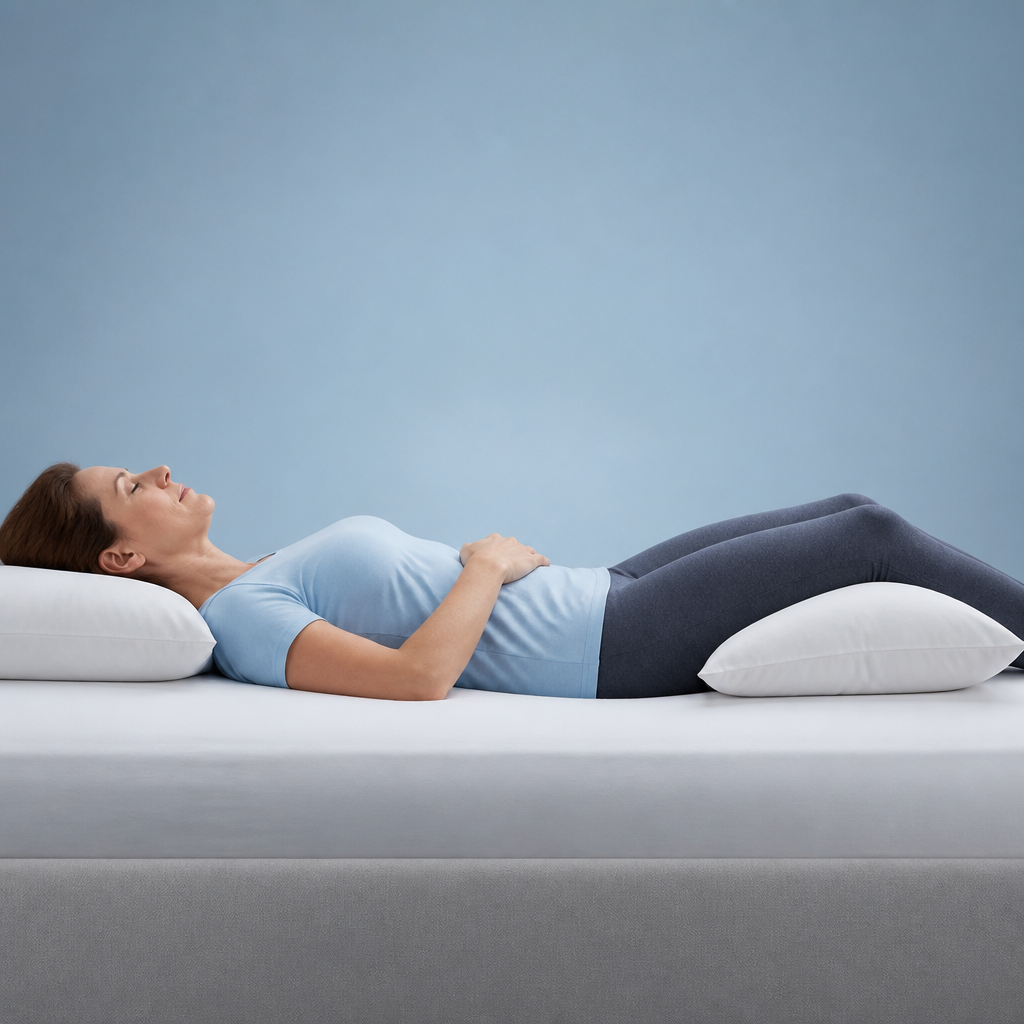 Position dorsale avec coussin sous les genoux pour soulager la lombalgie