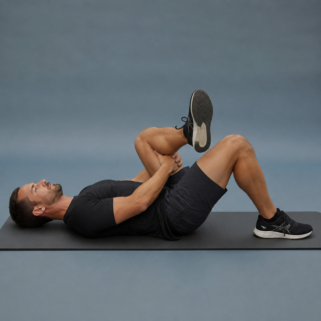 Étirement fessiers et piriforme, position du 4 allongé sur le dos après course à pied