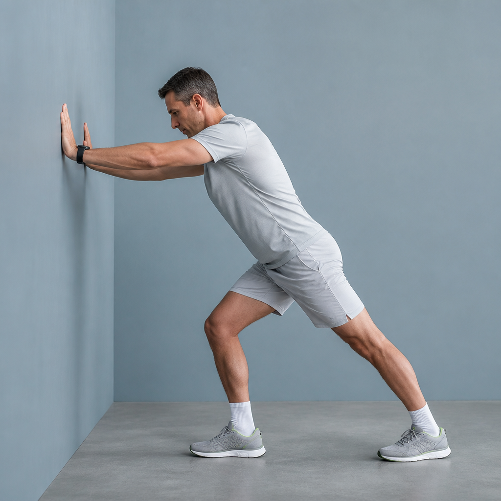 Étirement mollets après footing, homme debout face à un mur jambe arrière tendue