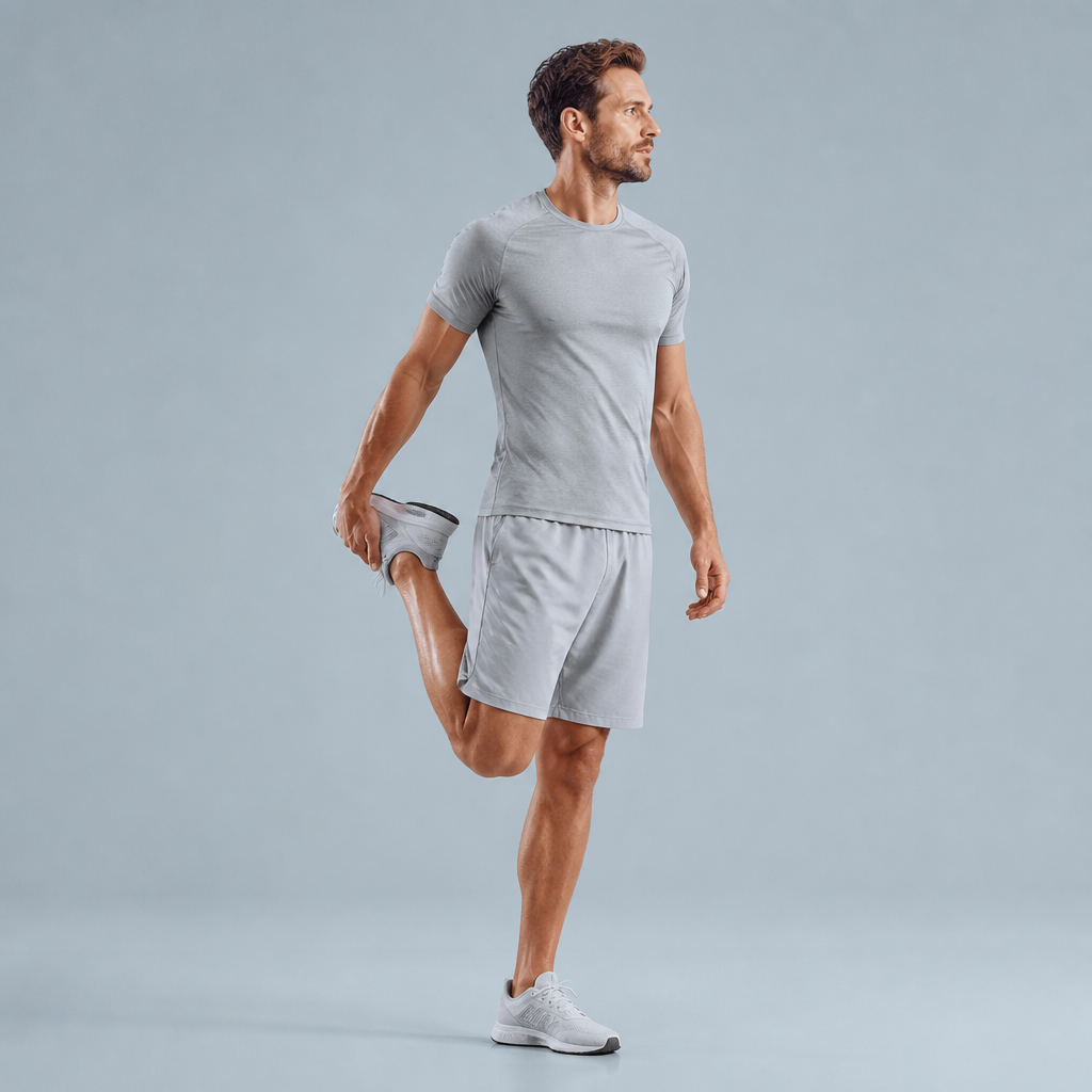 Étirement quadriceps après course à pied, talon vers fesses genou serré