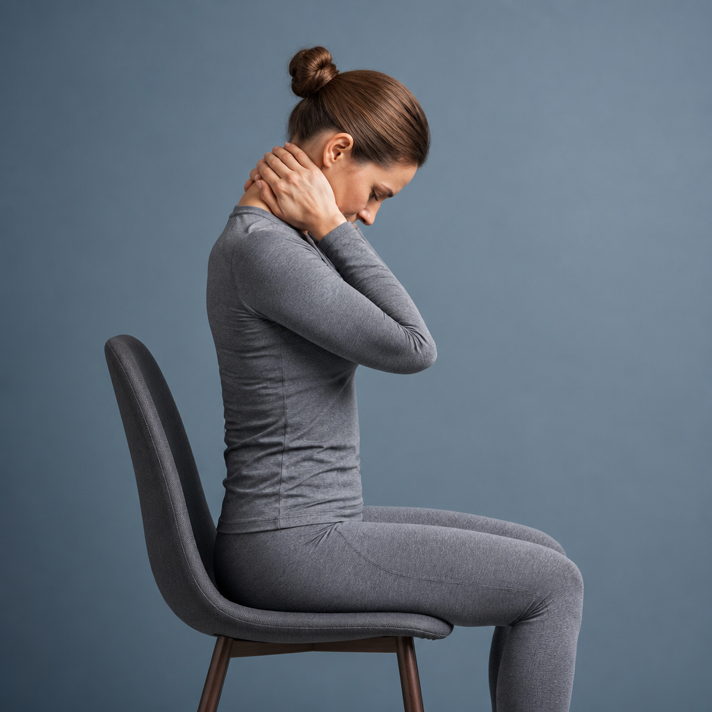 Flexion cervicale antérieure, menton vers la poitrine, étirement sous-occipital