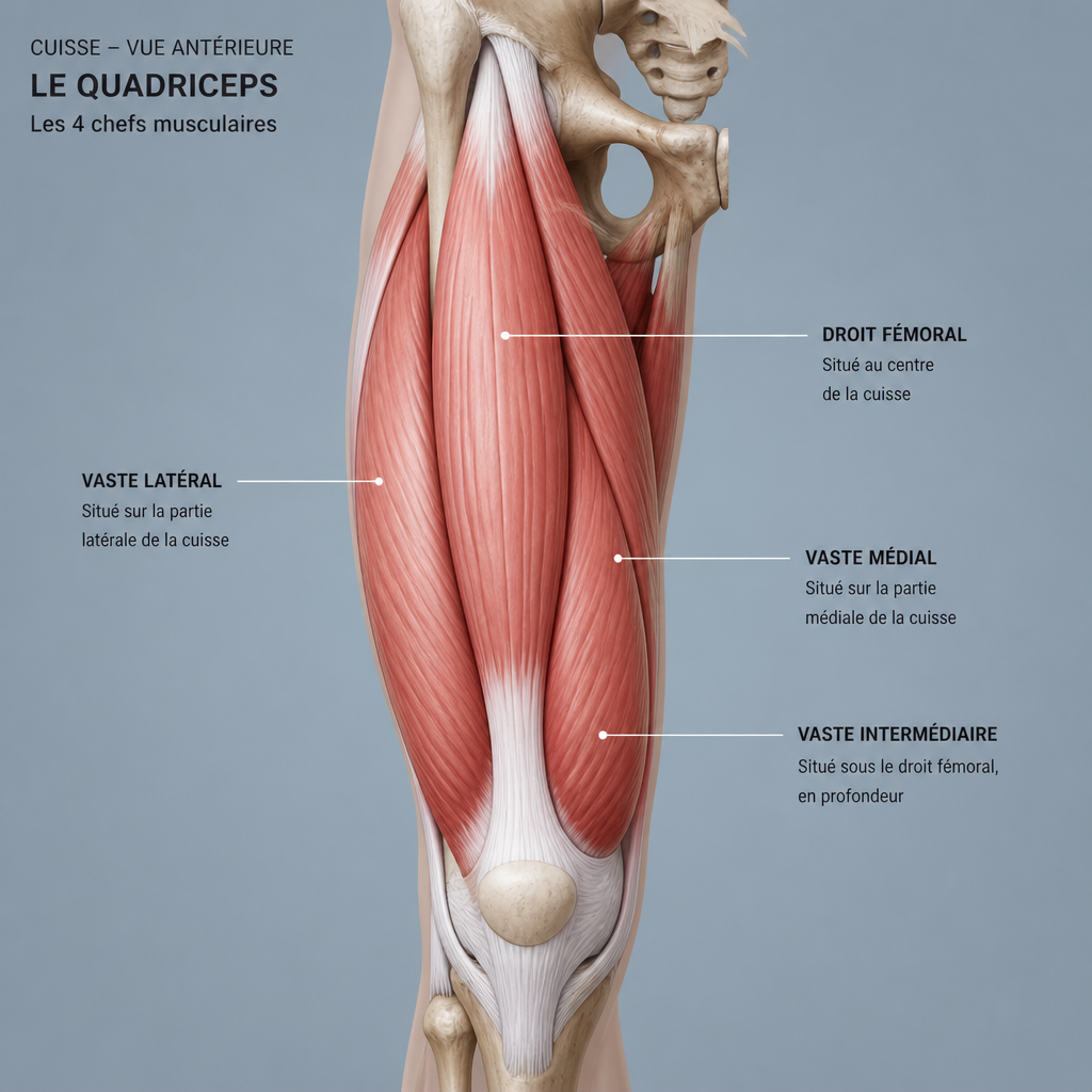 Anatomie du quadriceps, quatre chefs musculaires de la cuisse vue antérieure