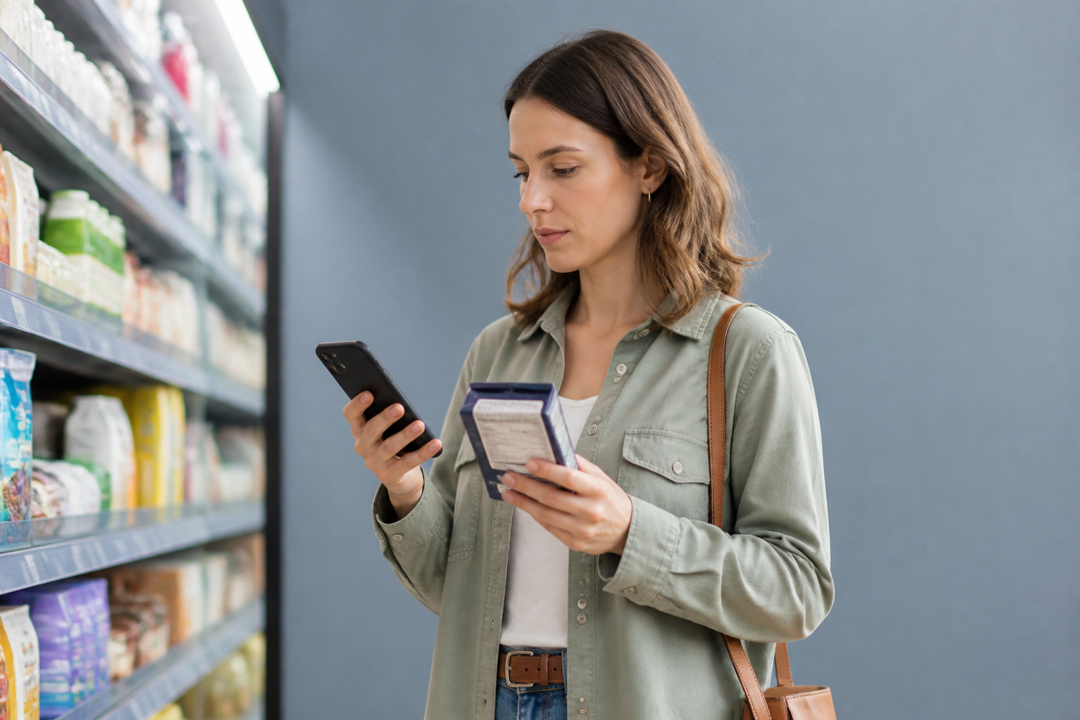 Femme choisit application alimentation saine sur smartphone supermarché