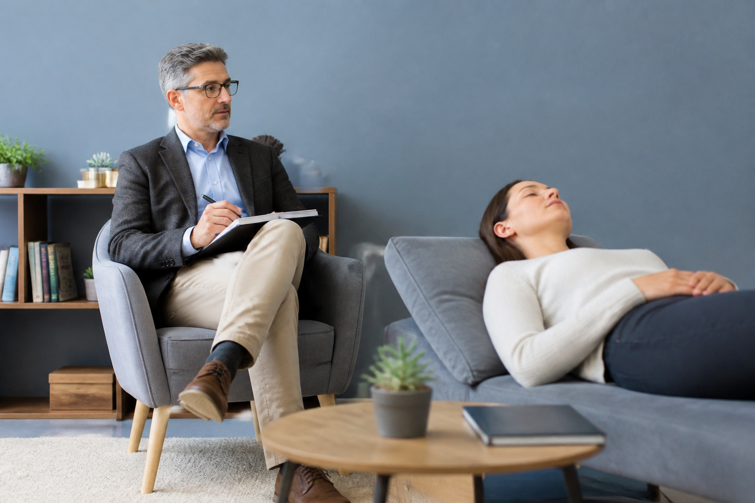 Séance d'hypnose thérapeutique : patient en état de relaxation profonde, thérapeute en accompagnement