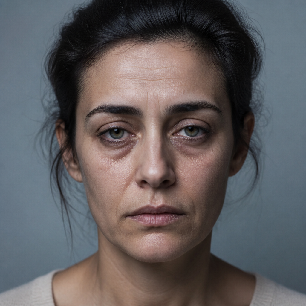 Femme présentant les symptômes du stress chronique : fatigue et cernes visibles