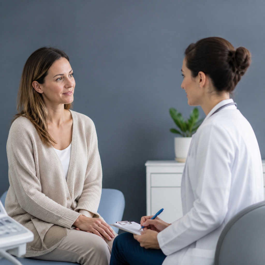 Femme en consultation médicale, discussion sur les signes de ménopause précoce