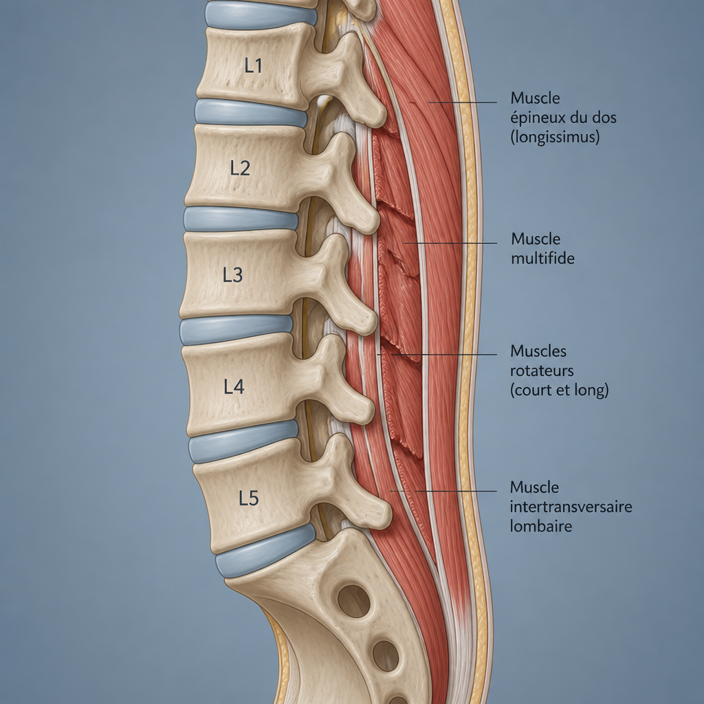 anatomie région lombaire vertèbres L1 L5 muscles paravertébraux