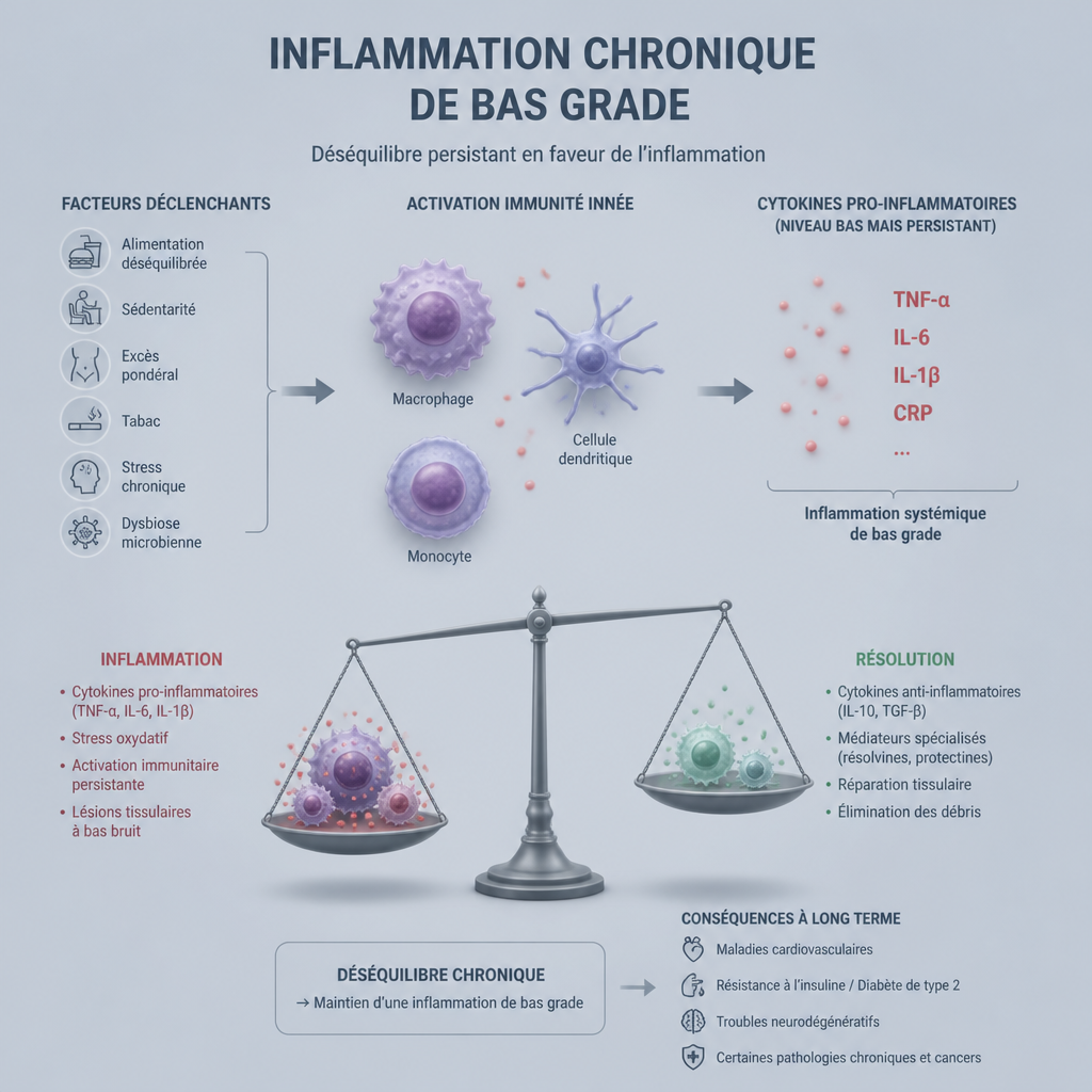 Mécanisme de l'inflammation chronique de bas grade et marqueurs biologiques CRP cytokines
