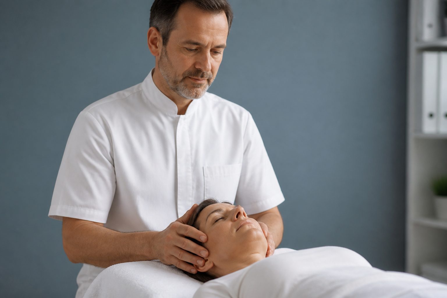 Praticien en blouse blanche posant les doigts sur la tête d'une patiente sur table de massage