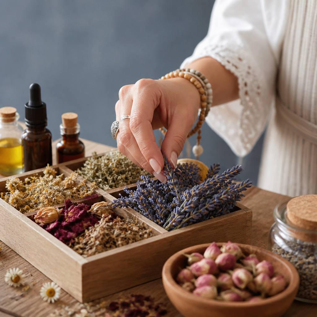 Main féminine sélectionnant un brin de lavande dans un assortiment de plantes séchées