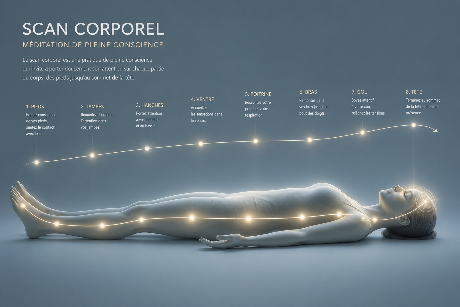 scan corporel méditation pleine conscience, illustration balayage corporel des pieds à la tête