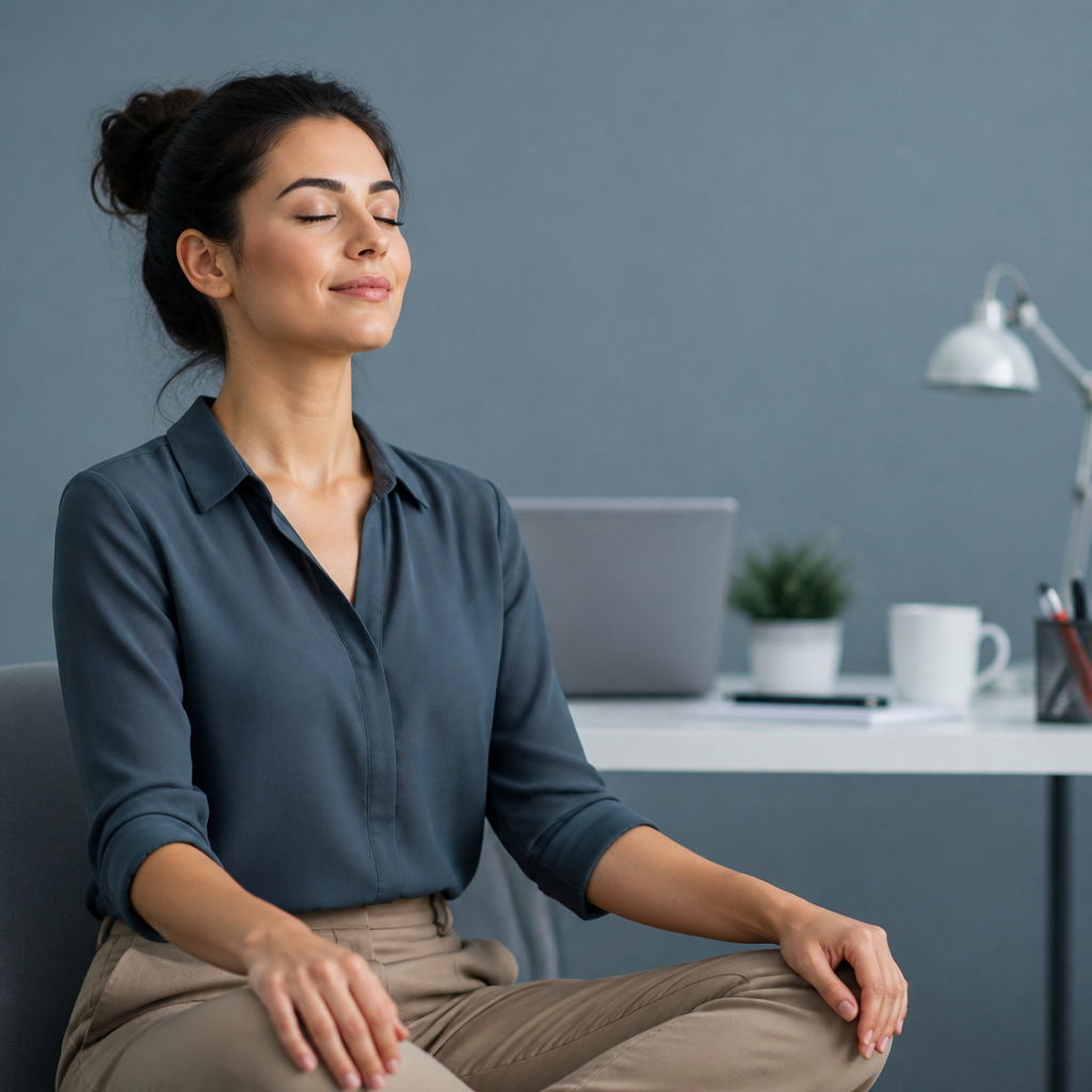 intégration méditation pleine conscience quotidienne, femme respirant calmement à son bureau