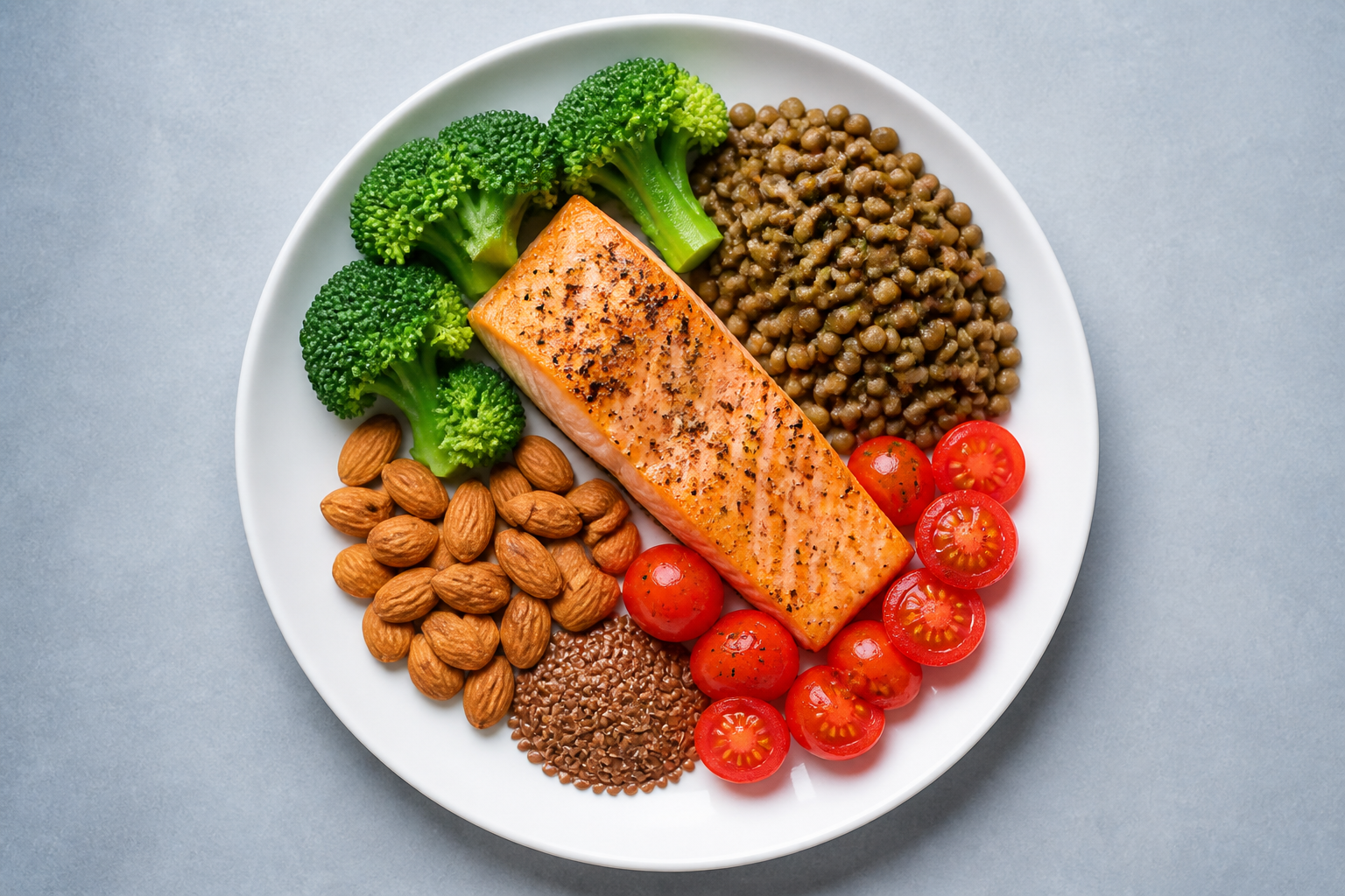 Assiette équilibrée ménopause et alimentation avec saumon, lentilles, brocoli et graines de lin