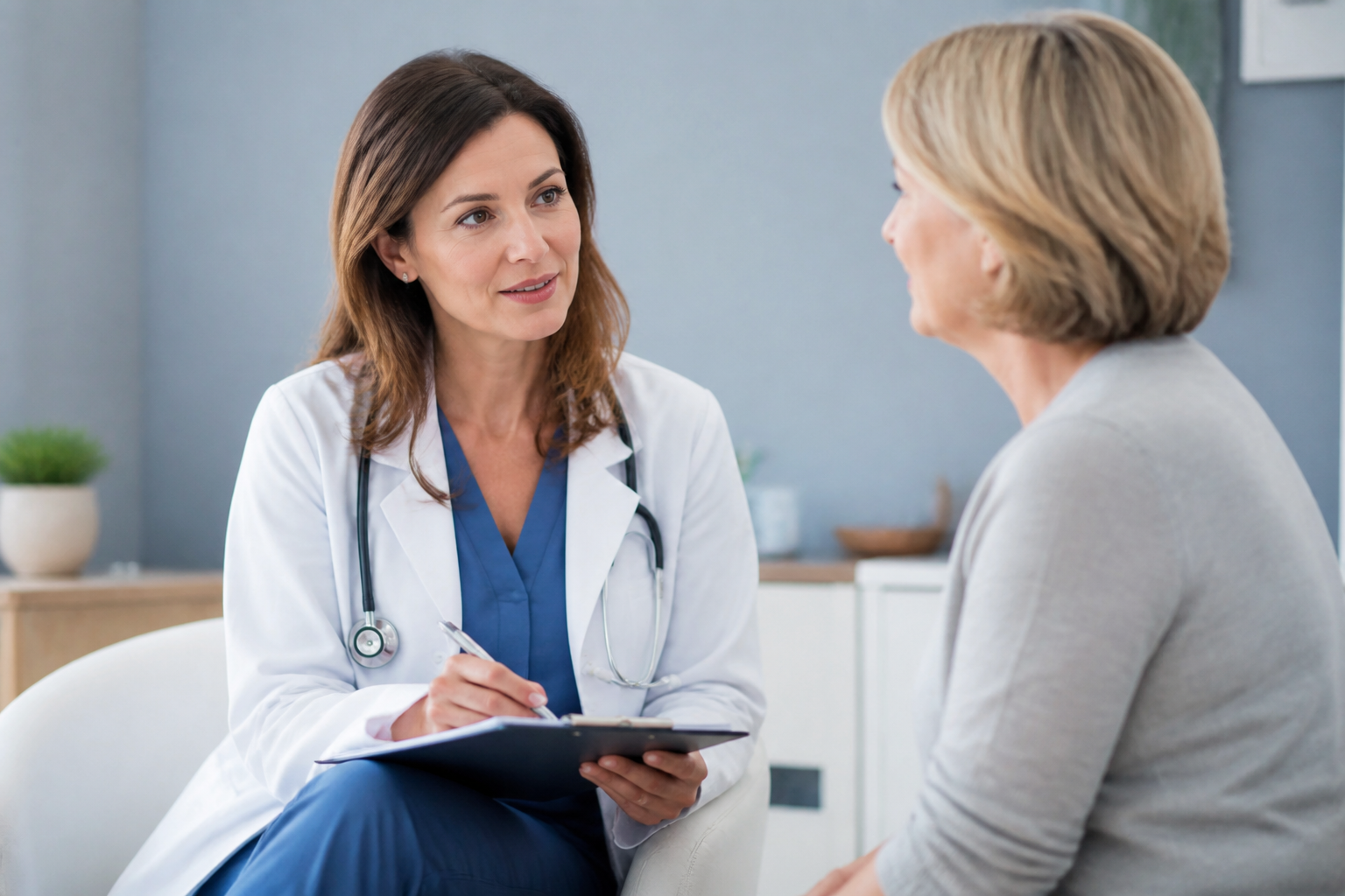 Gynécologue en consultation avec une patiente pour la baisse de libido à la ménopause
