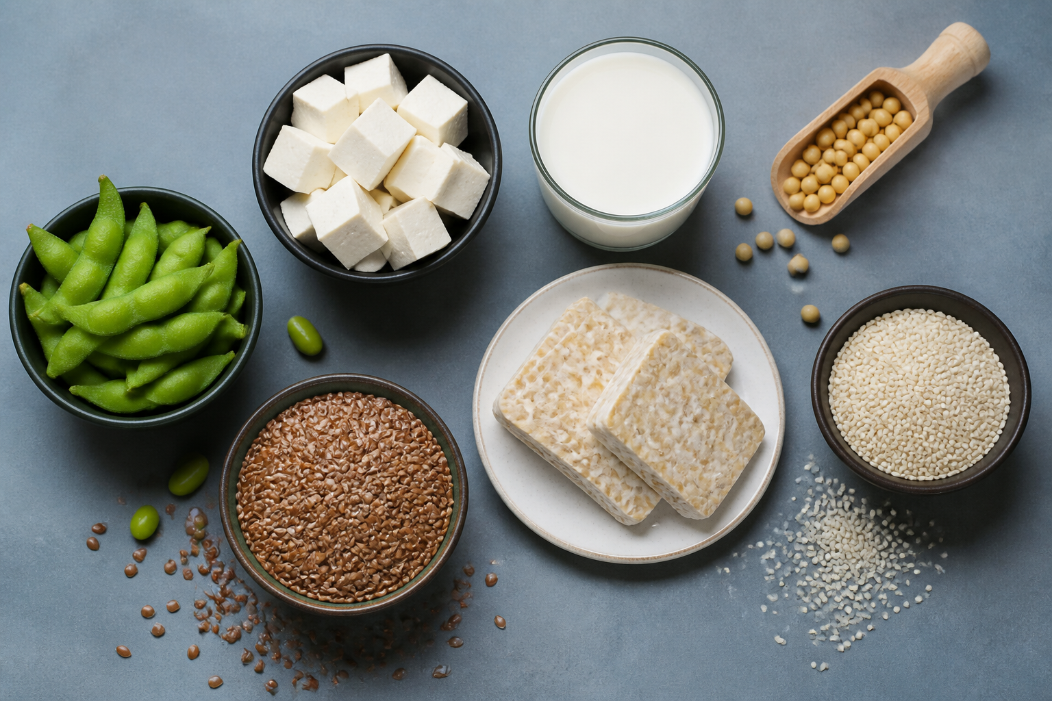Aliments sources de phytoestrogènes pour la ménopause : tofu, graines de lin moulues, edamame, tempeh et lait de soja
