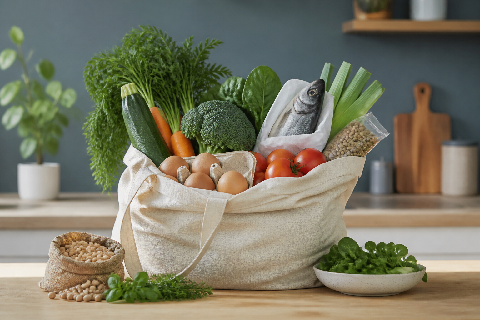 Sac de courses débordant de légumes frais et protéines variées