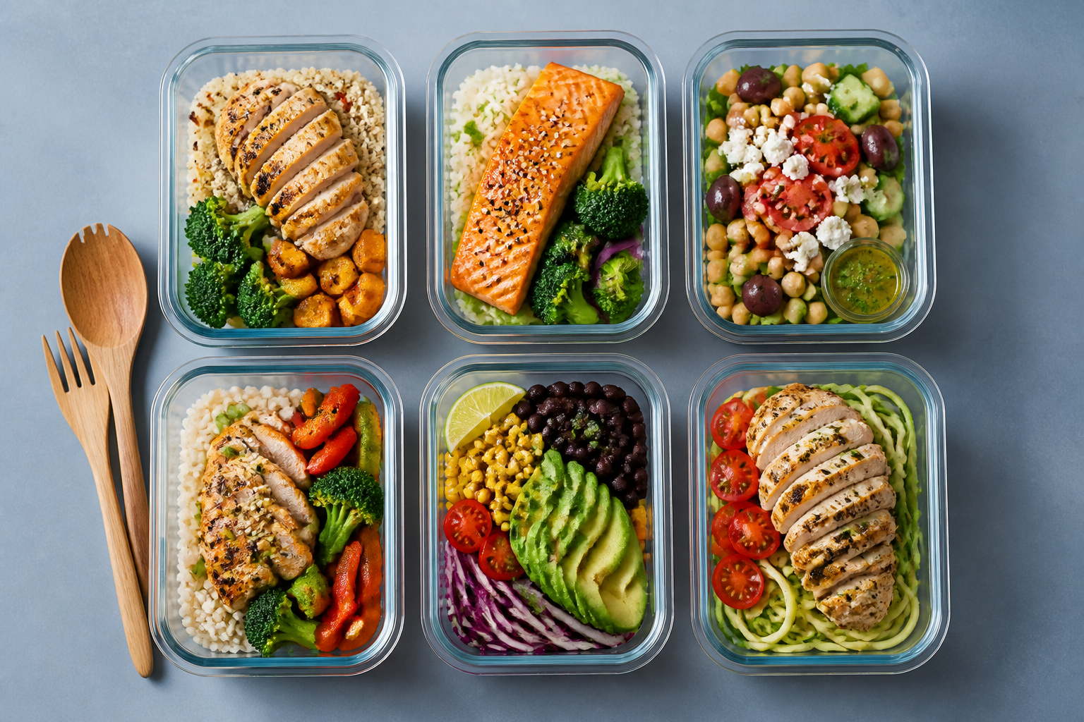 Boîtes de meal prep en verre alignées avec repas équilibrés variés