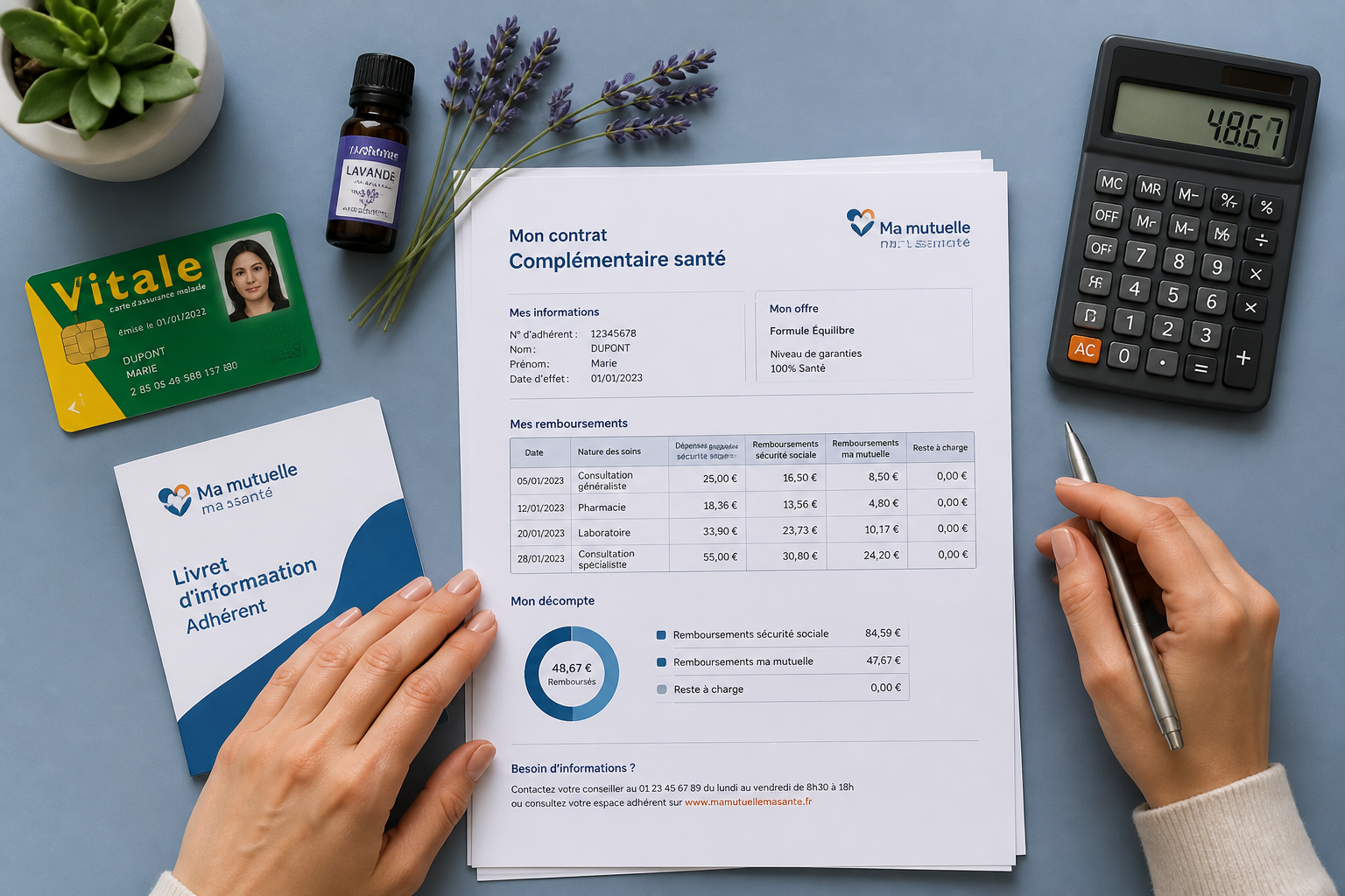 Carte Vitale, contrat mutuelle santé et flacon d'huile essentielle pour gestion remboursement médecines douces