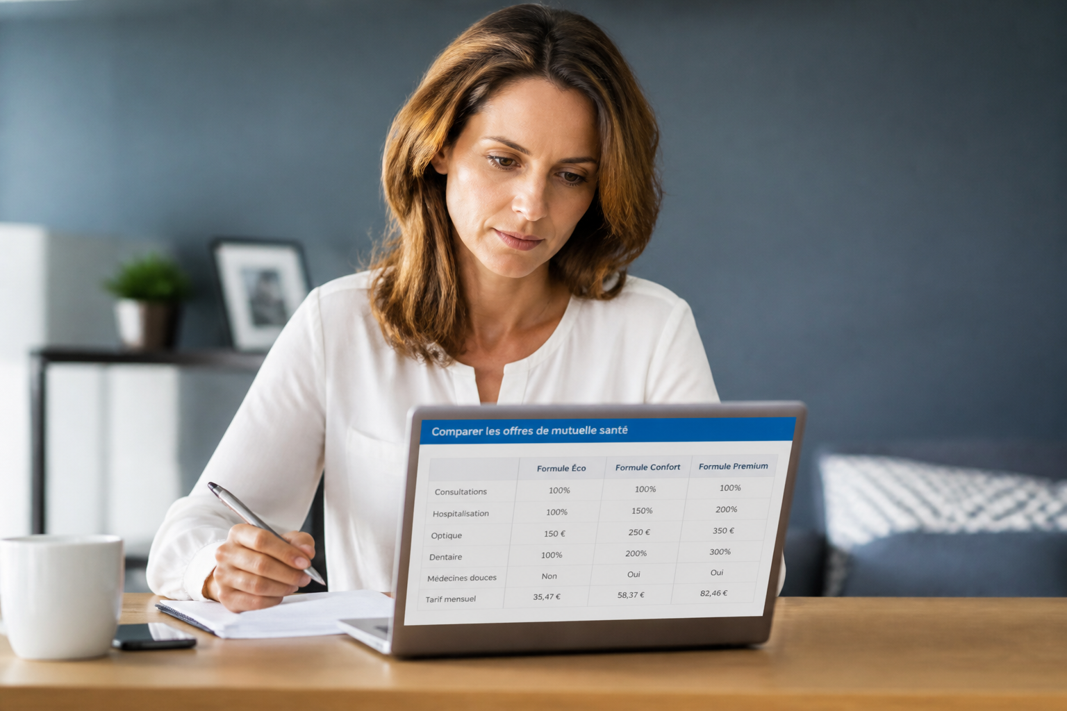 Femme comparant les offres de mutuelle santé sur ordinateur