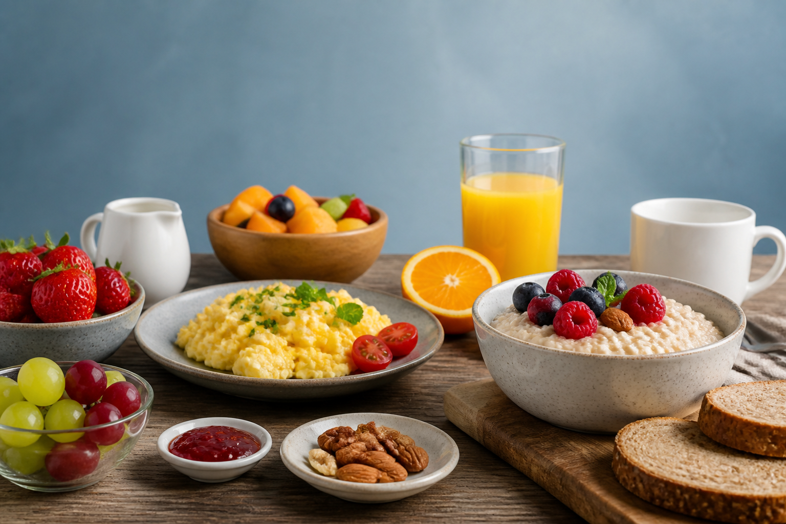 Petit-déjeuner sain varié : porridge, œufs brouillés, fruits frais et pain complet disposés sur une table