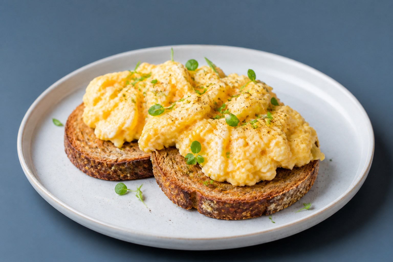 Œufs brouillés dorés sur pain complet au levain avec herbes fraîches — source de protéines au petit-déjeuner