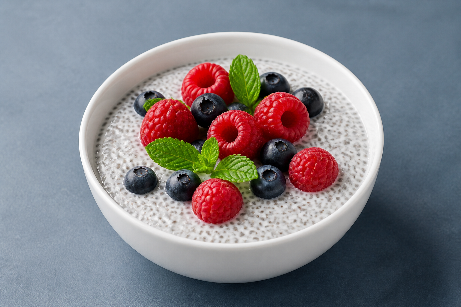Bol de pudding aux graines de chia avec framboises, myrtilles et feuilles de menthe — petit-déjeuner sain sans gluten