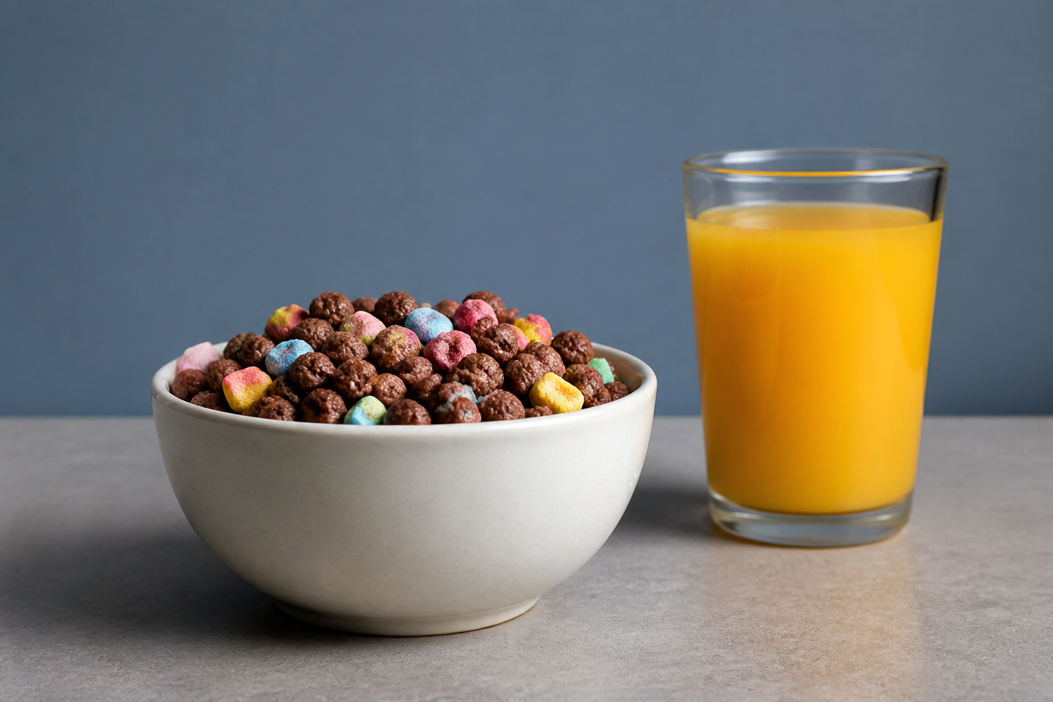 Bol de céréales sucrées industrielles et verre de jus d'orange — aliments à éviter au petit-déjeuner pour la glycémie