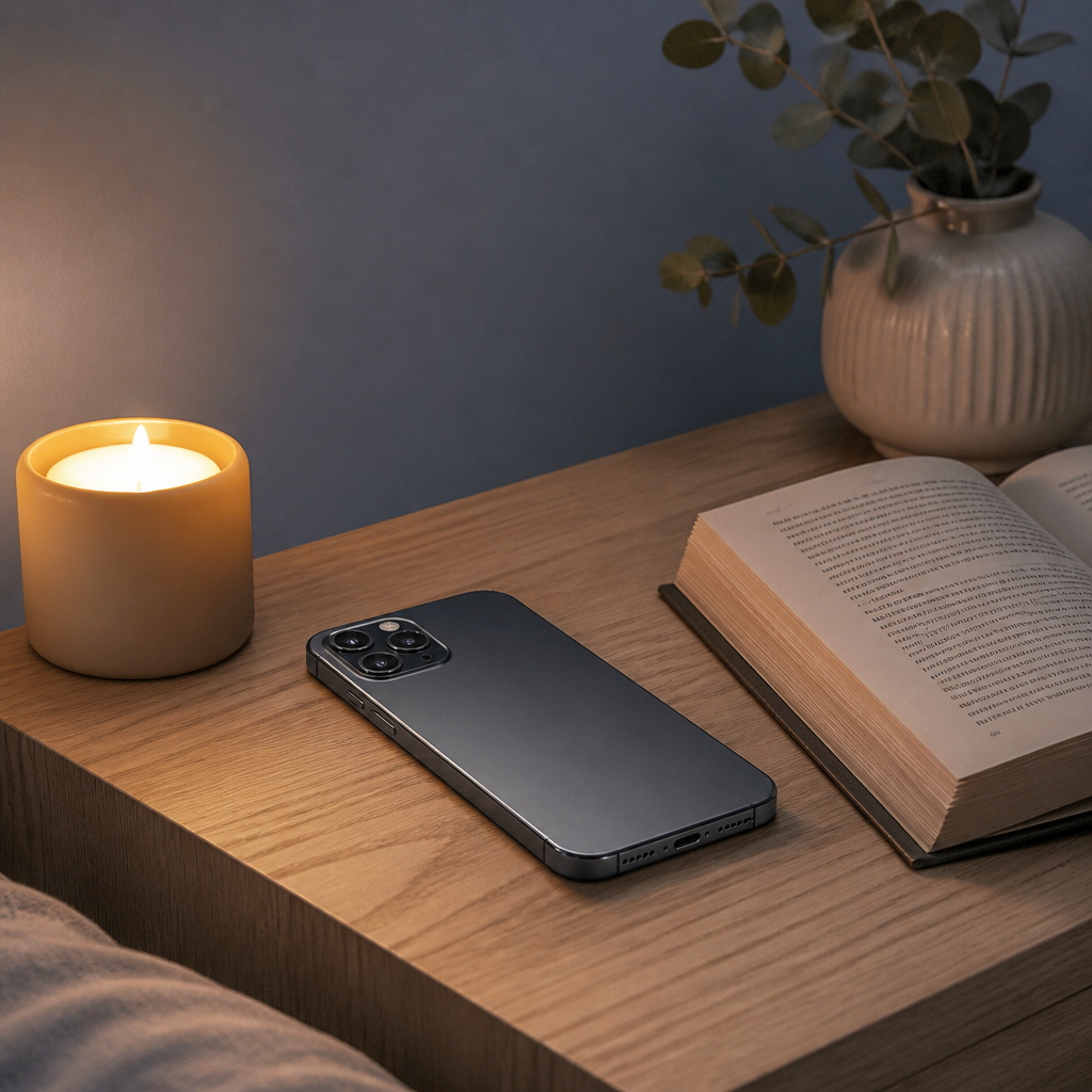 Smartphone posé sur table de nuit avec bougie et livre, déconnexion des écrans avant le coucher