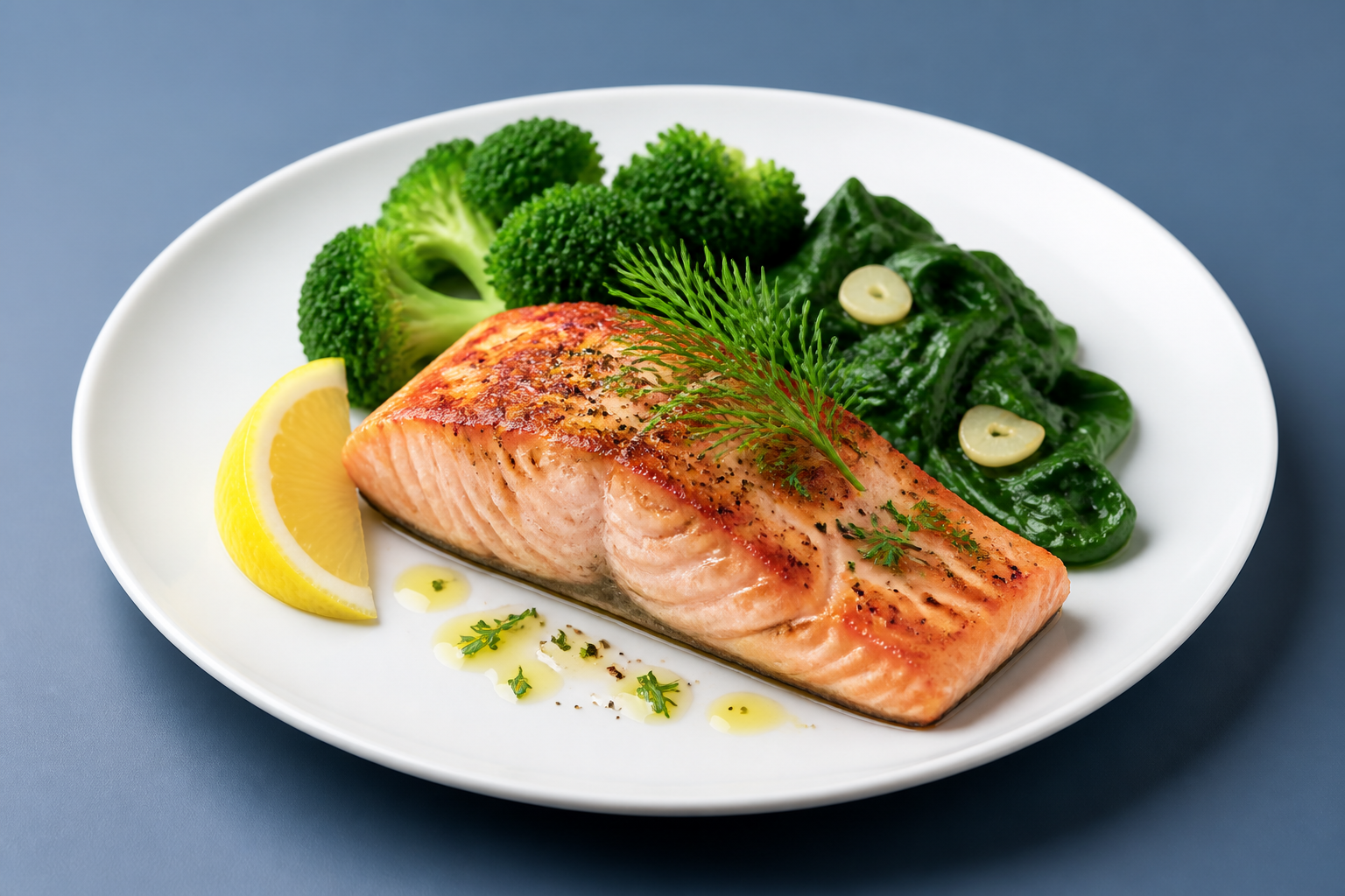 Assiette de saumon grillé avec brocoli et épinards exemple de repas anti-inflammatoire riche en oméga-3